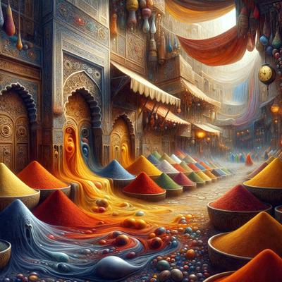 The primary subject of the image is a colorful street scene with a variety of bowls and vases. The setting is a marketplace with a colorful and vibrant atmosphere. The visual style is a combination of digital art and illustration, creating a unique and eye-catching display. The colors and mood are predominantly bright and cheerful, with a focus on the diverse colors of the bowls and vases.